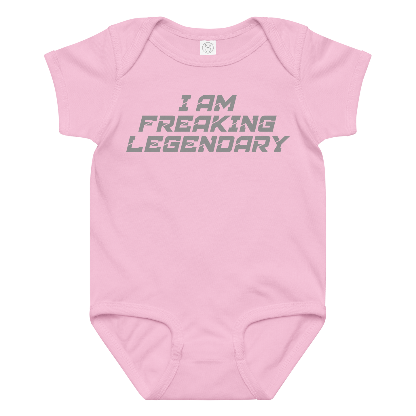 "I Am Freaking Legendary" printed on a pink baby jersey bodysuit laying on a flat surface amongst other clothes