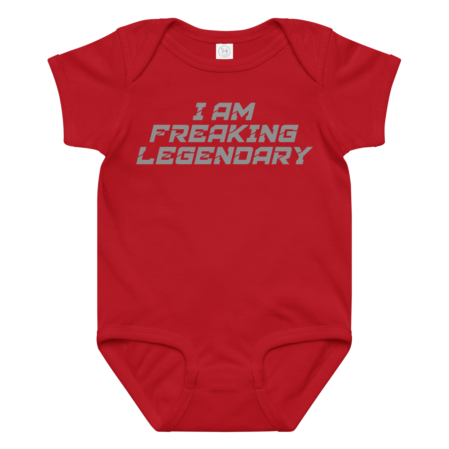 "I Am Freaking Legendary" printed on a red baby jersey bodysuit laying on a flat surface amongst other clothes