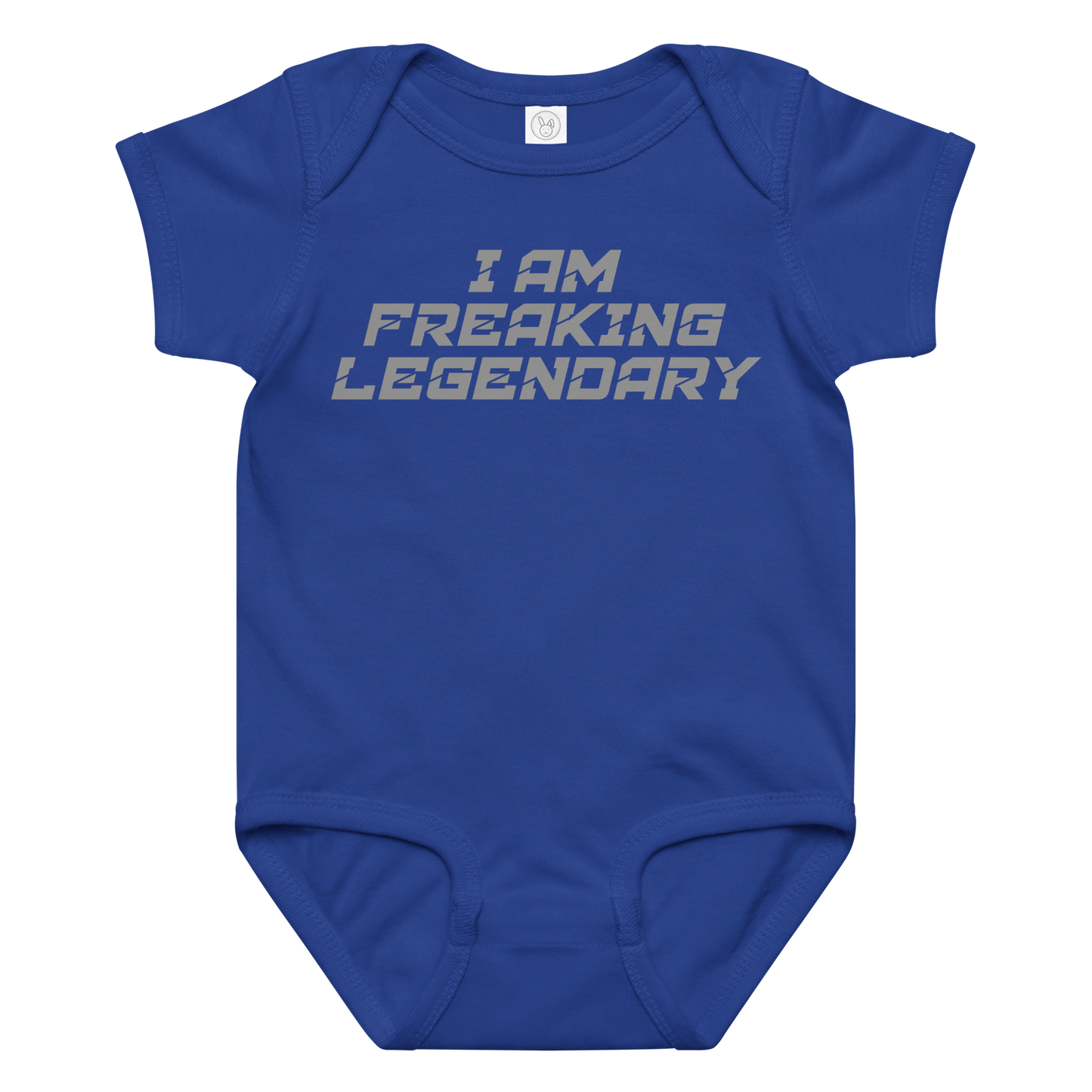 "I Am Freaking Legendary" printed on a royal baby jersey bodysuit laying on a flat surface amongst other clothes