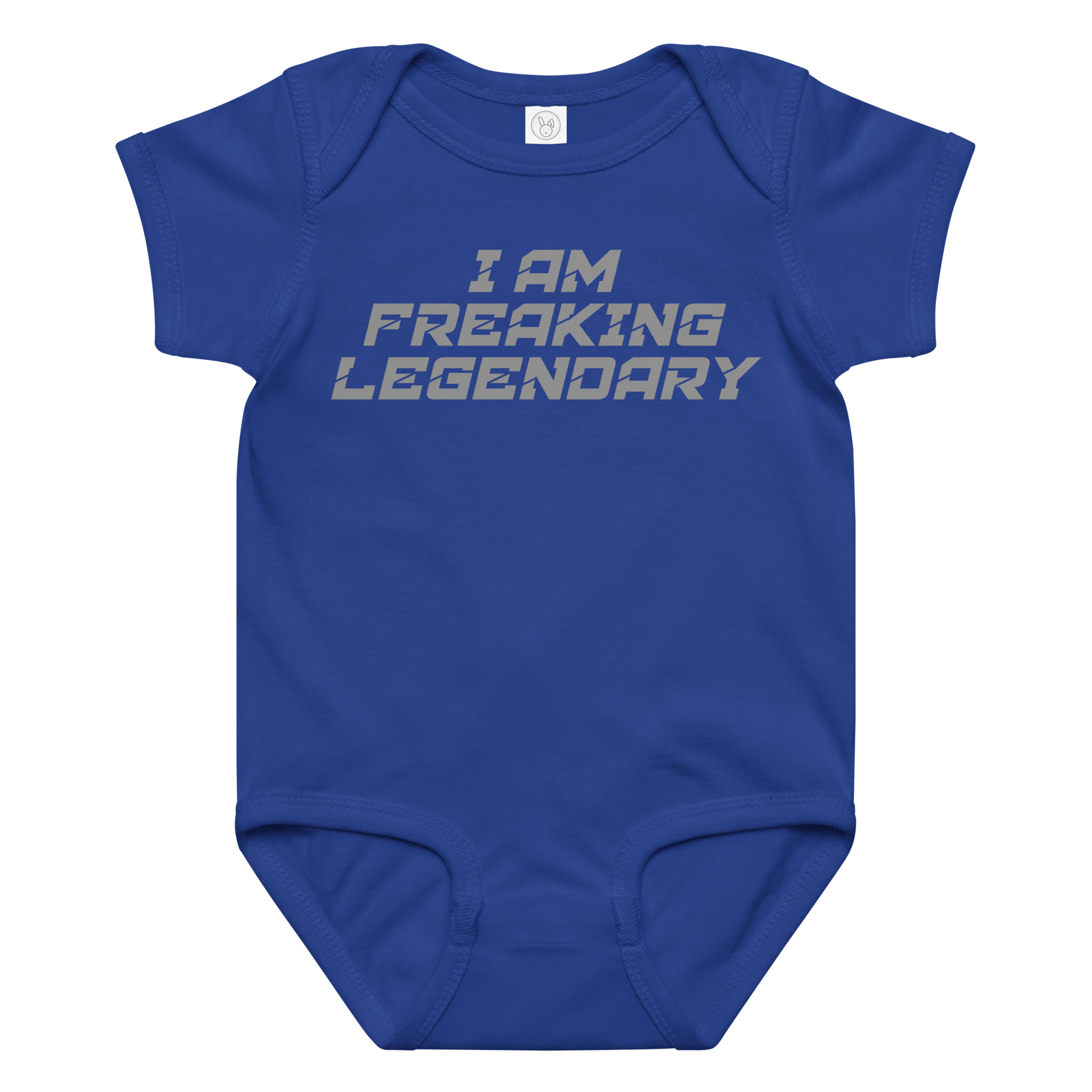 "I Am Freaking Legendary" printed on a royal baby jersey bodysuit laying on a flat surface amongst other clothes