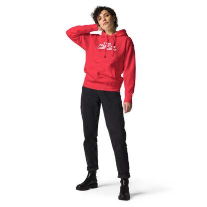"I Am Freaking Legendary" printed on a team red unisex hoodie worn by a female