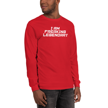 "I Am Freaking Legendary" printed on a red men's long sleeve shirt worn by a male