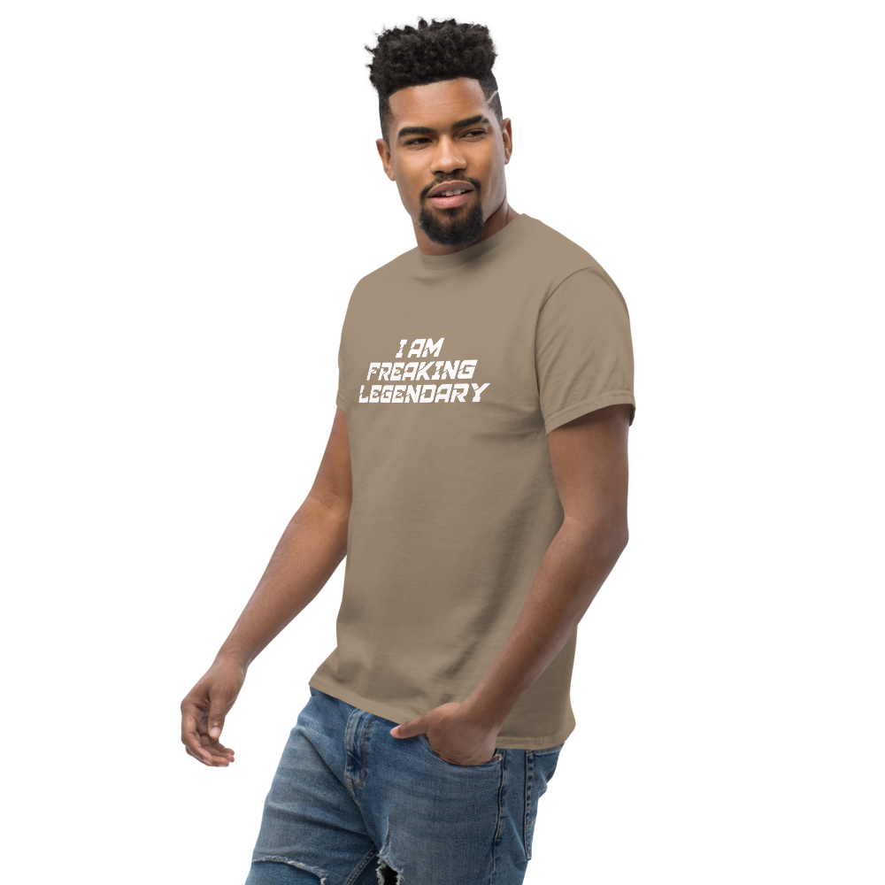 "I Am Freaking Legendary" printed on a brown savana unisex classic tee worn by a male