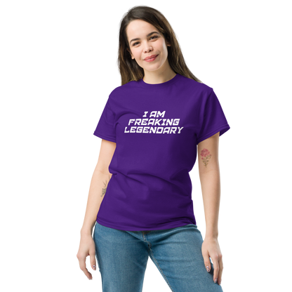 "I Am Freaking Legendary" printed on a purple unisex classic tee worn by a female