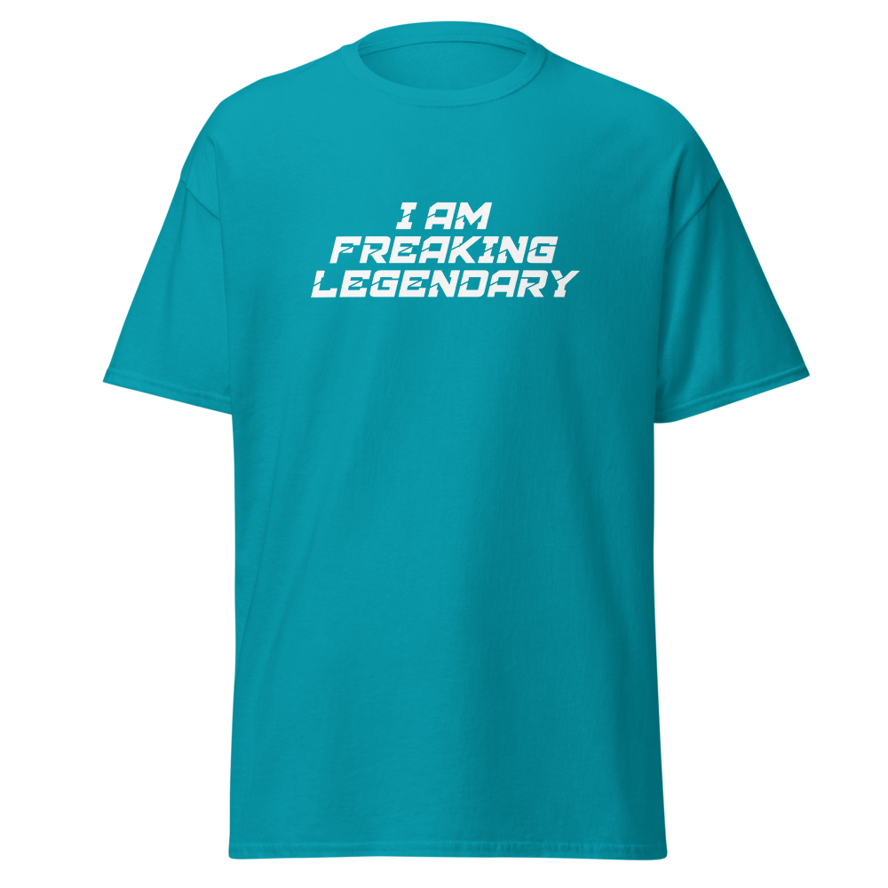 "I Am Freaking Legendary" printed on a tropical blue on an invisible body