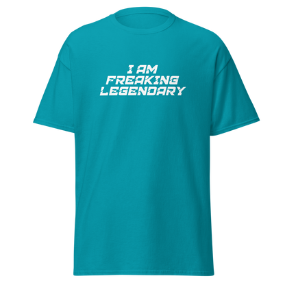"I Am Freaking Legendary" printed on a tropical blue on an invisible body
