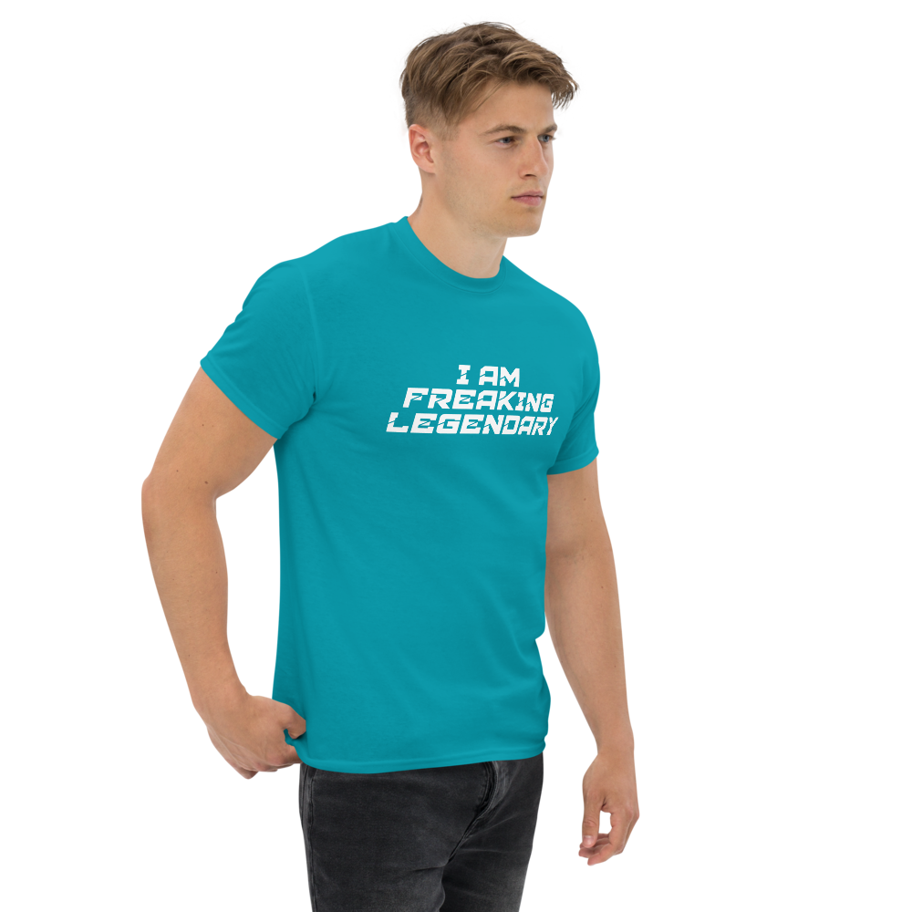 "I Am Freaking Legendary" printed on a tropical blue unisex classic tee worn by a male