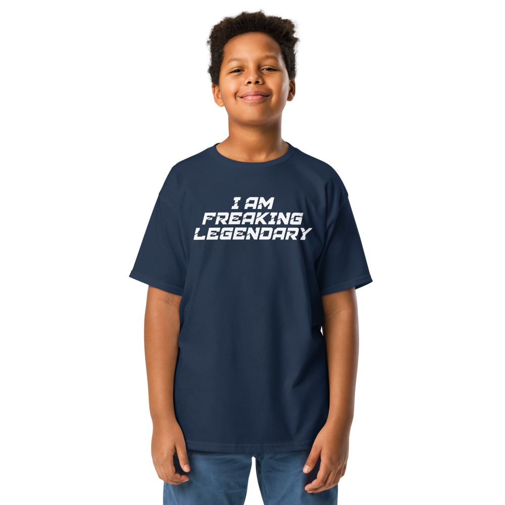 "I Am Freaking Legendary" printed on a navy youth classic tee worn by a male