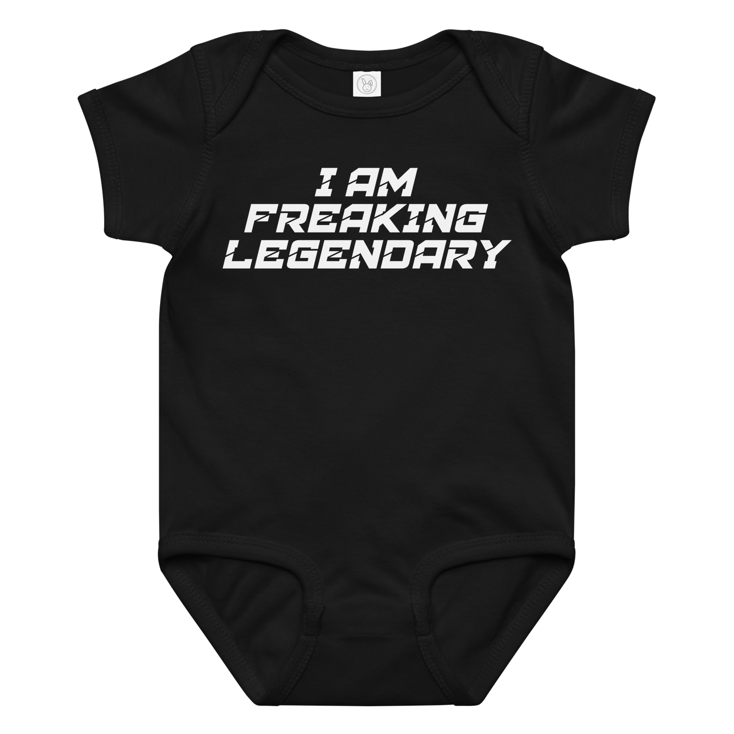 "I Am Freaking Legendary" printed on a black baby jersey bodysuit laying on a flat surface amongst other clothes