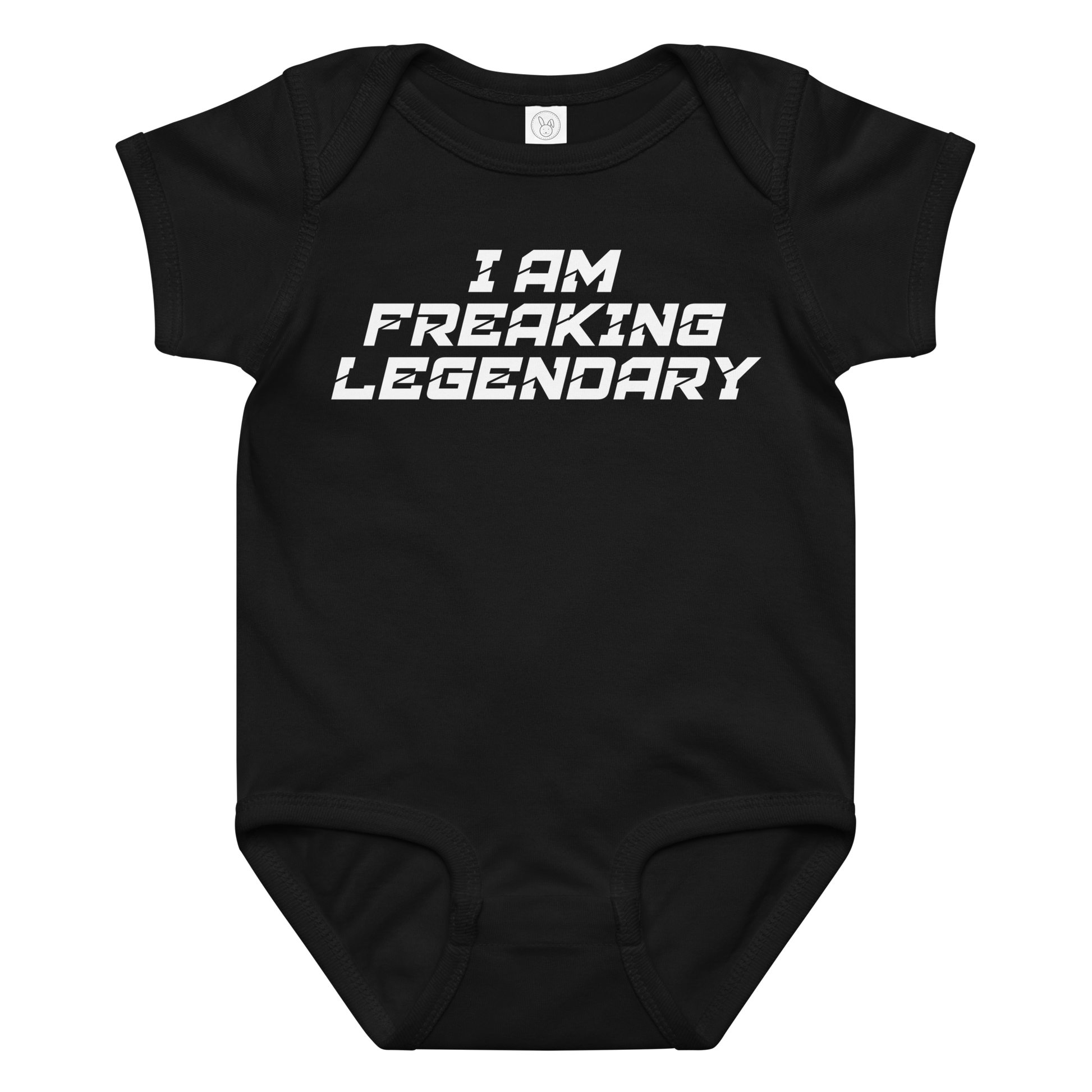 "I Am Freaking Legendary" printed on a black baby jersey bodysuit laying on a flat surface amongst other clothes