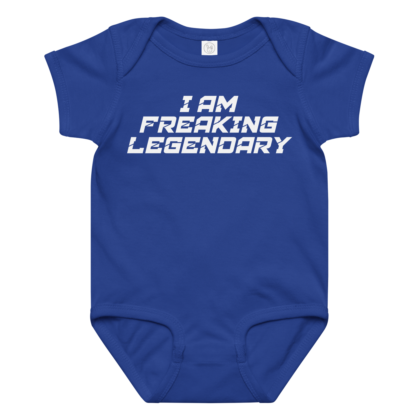 "I Am Freaking Legendary" printed on a royal baby jersey bodysuit laying on a flat surface amongst other clothes
