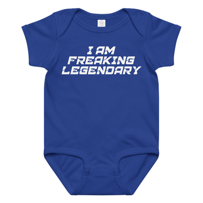 "I Am Freaking Legendary" printed on a royal baby jersey bodysuit laying on a flat surface amongst other clothes