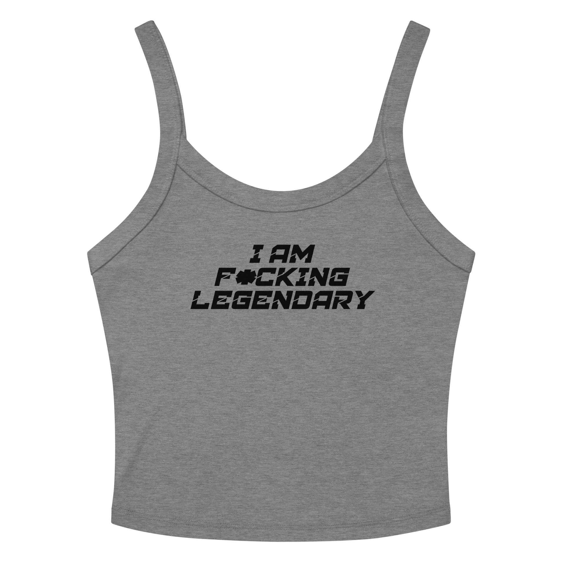 "I Am F*cking Legendary" printed on a athletic heather women's micro-rib tanktop laying on a flat surface amongst sunglasses and shorts