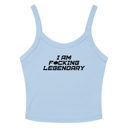"I Am F*cking Legendary" printed on a solid baby blue blend women's micro-rib tanktop laying on a flat surface amongst sunglasses and shorts