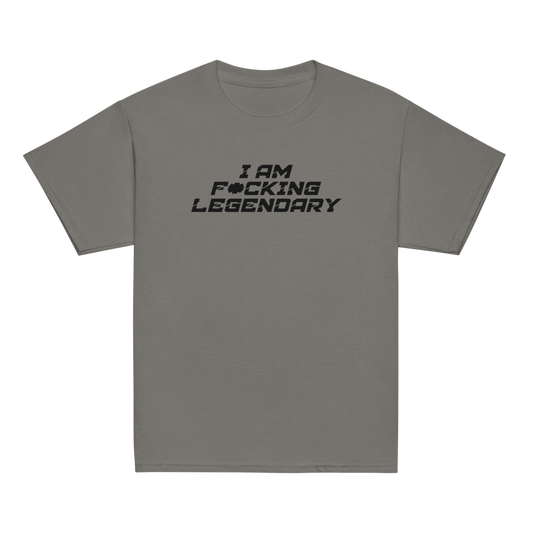 "I Am F*cking Legendary" printed on a charcoal youth classic tee laying on a flat surface