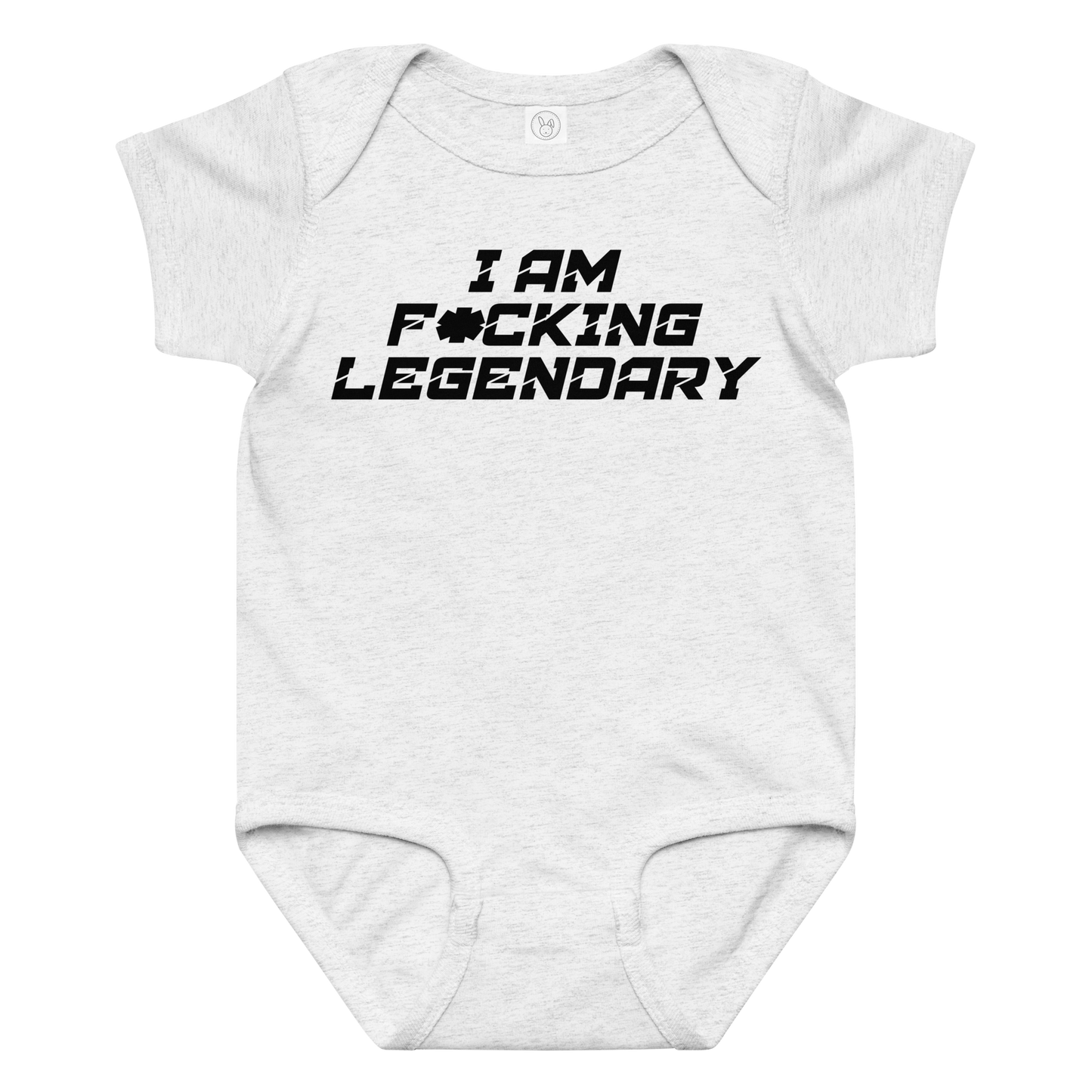 "I Am F*cking Legendary" printed on a ash baby jersey bodysuit laying on a flat surface amongst other clothes