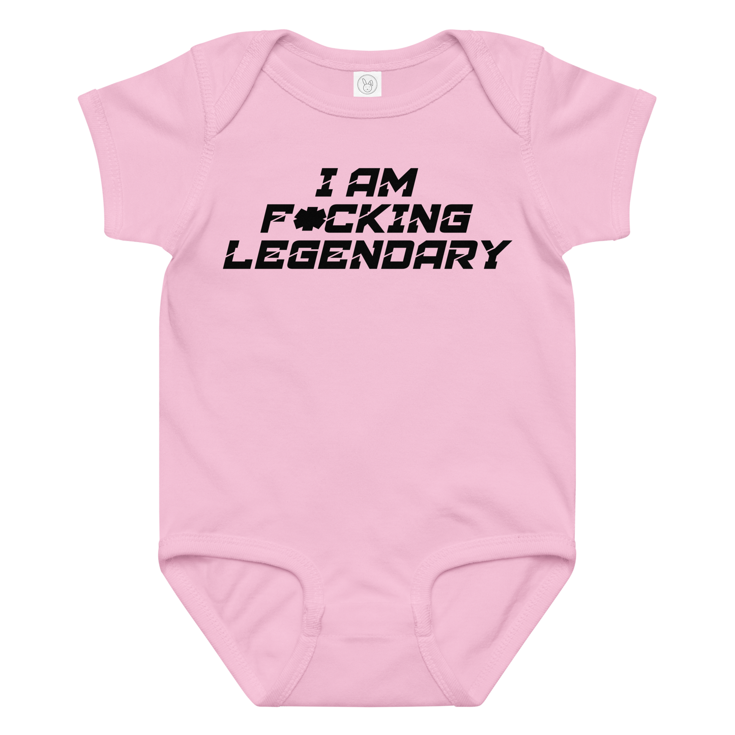 "I Am F*cking Legendary" printed on a pink baby jersey bodysuit laying on a flat surface amongst other clothes