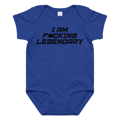 "I Am F*cking Legendary" printed on a royal baby jersey bodysuit laying on a flat surface amongst other clothes