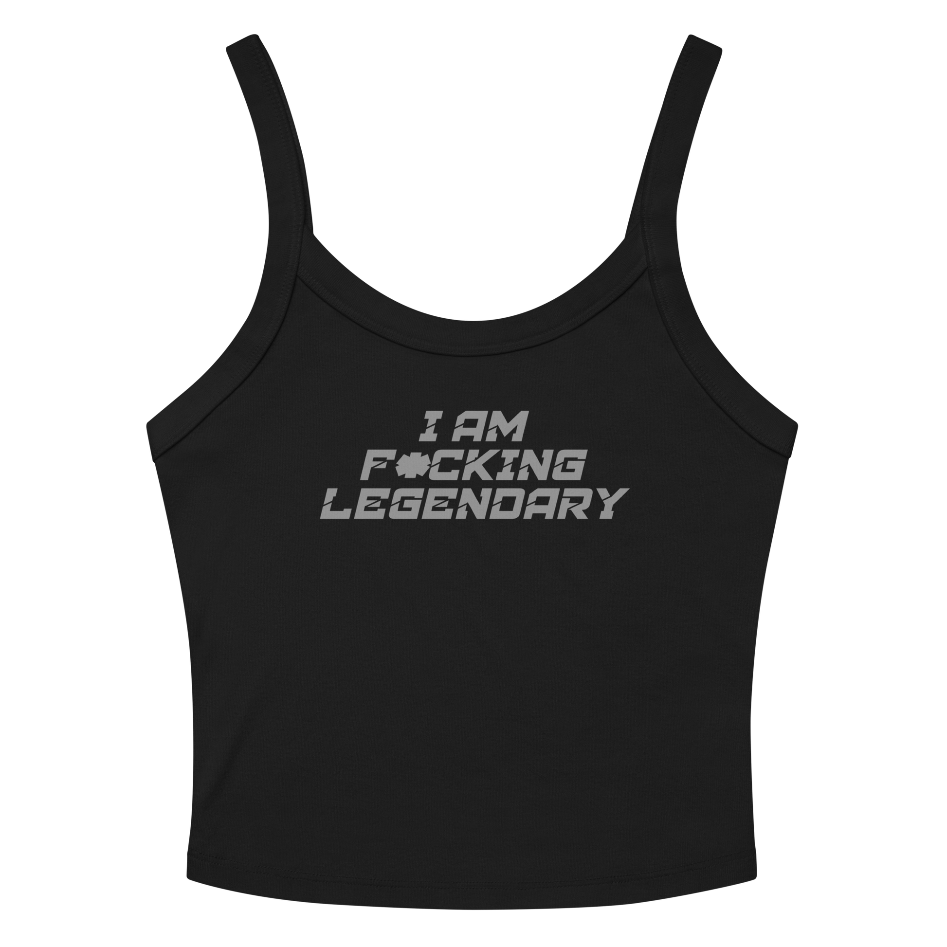 "I Am F*cking Legendary" printed on a solid black blend women's micro-rib tanktop laying on a flat surface amongst sunglasses and shorts
