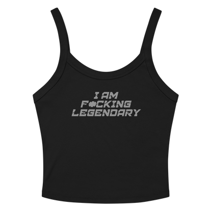 "I Am F*cking Legendary" printed on a solid black blend women's micro-rib tanktop laying on a flat surface amongst sunglasses and shorts