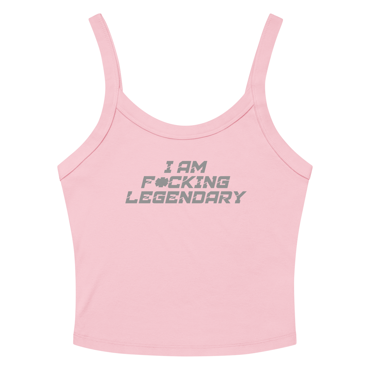"I Am F*cking Legendary" printed on a solid pink blend women's micro-rib tanktop laying on a flat surface amongst sunglasses and shorts