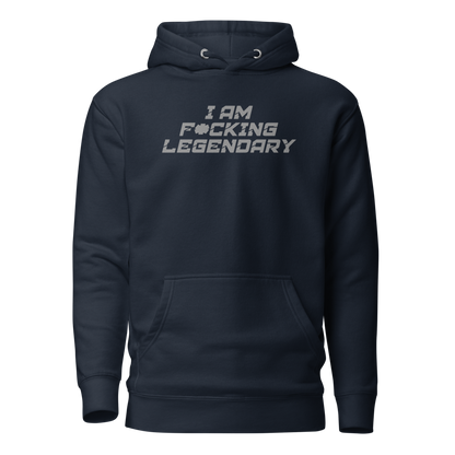 "I Am F*cking Legendary" printed on a navy blazer on an invisible / simulated body