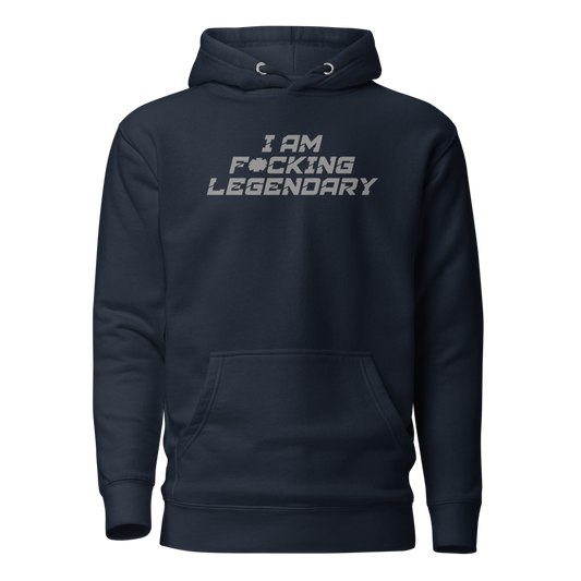 "I Am F*cking Legendary" printed on a navy blazer on an invisible / simulated body