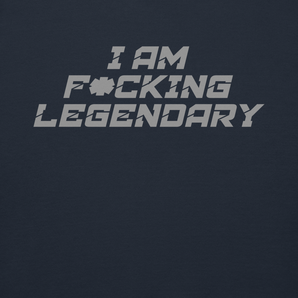 "I Am F*cking Legendary" printed on a navy blazer background