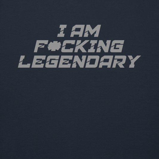 "I Am F*cking Legendary" printed on a navy blazer background