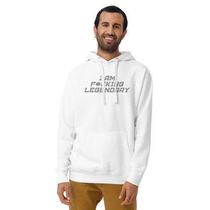 "I Am F*cking Legendary" printed on a white warn by a male
