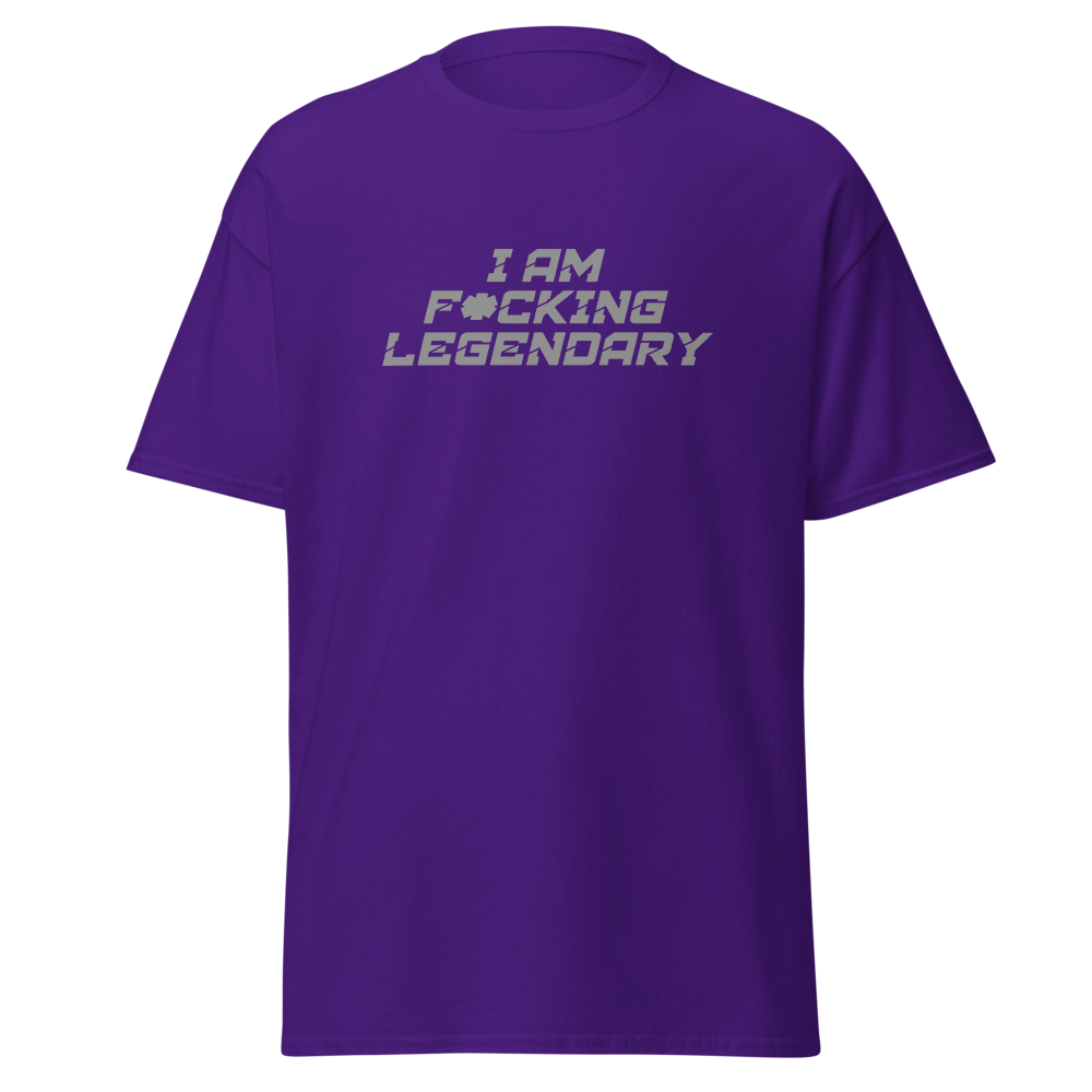 "I Am F*cking Legendary" printed on a purple on an invisible body