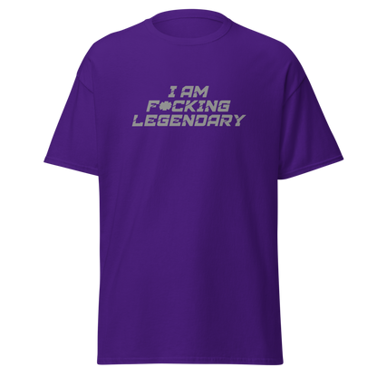 "I Am F*cking Legendary" printed on a purple on an invisible body