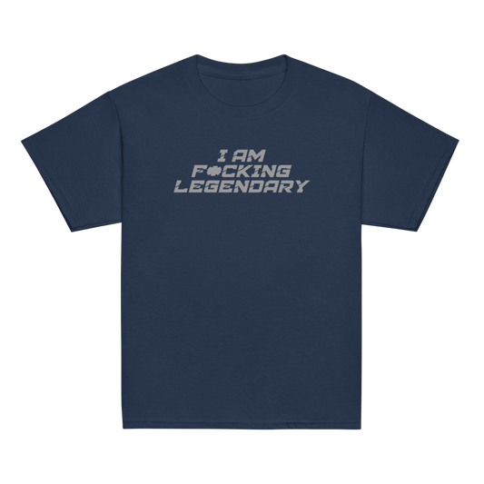 "I Am F*cking Legendary" printed on a navy youth classic tee laying on a flat surface