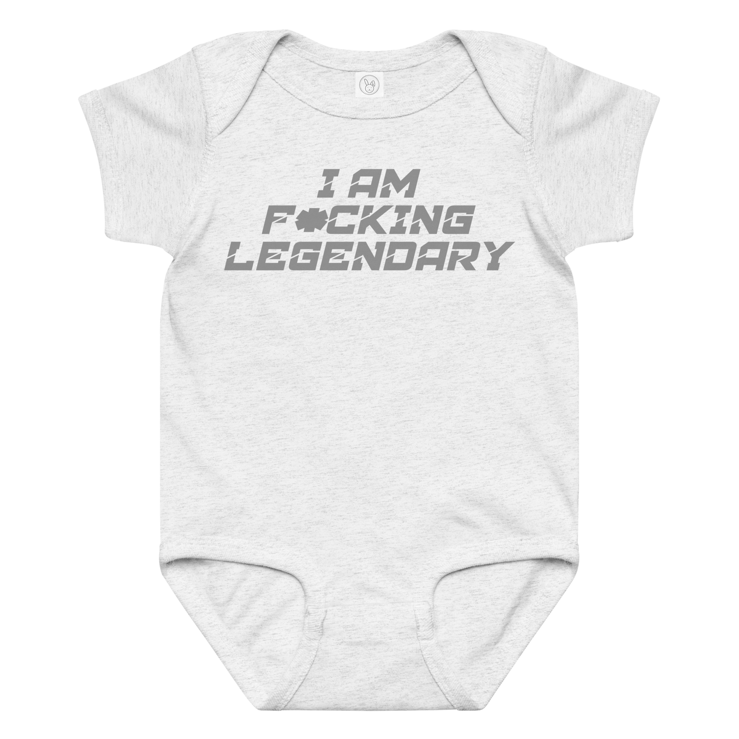 "I Am F*cking Legendary" printed on a ash baby jersey bodysuit laying on a flat surface amongst other clothes