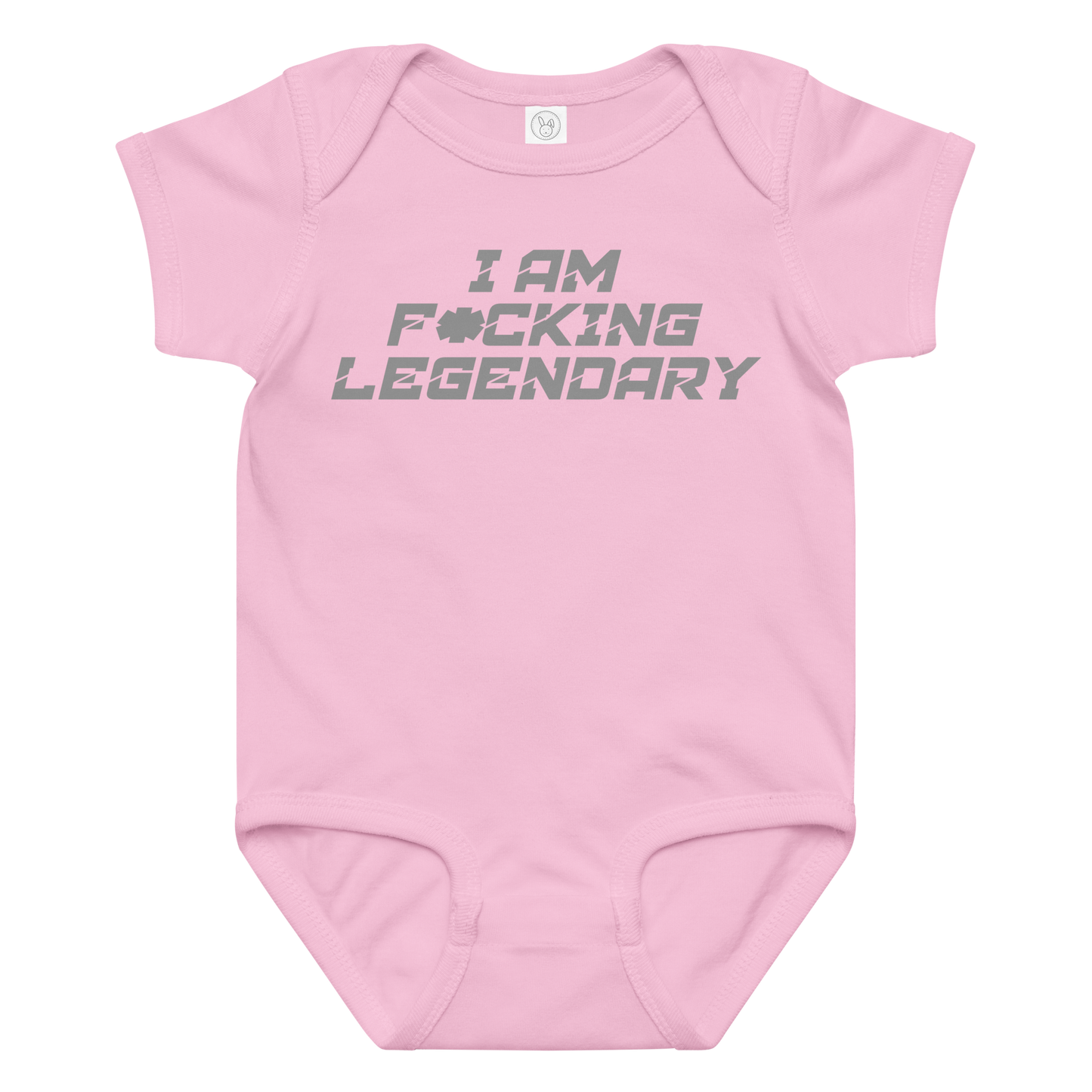 "I Am F*cking Legendary" printed on a pink baby jersey bodysuit laying on a flat surface amongst other clothes