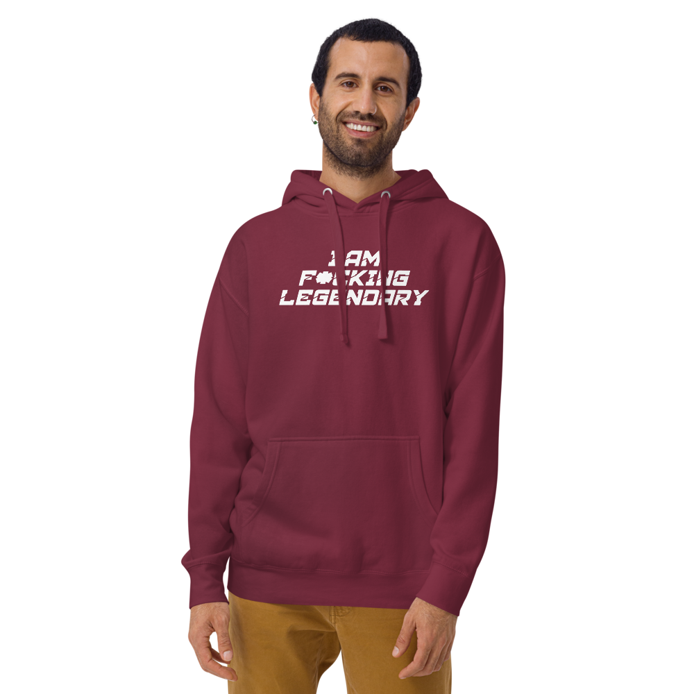 "I Am F*cking Legendary" printed on a maroon warn by a male