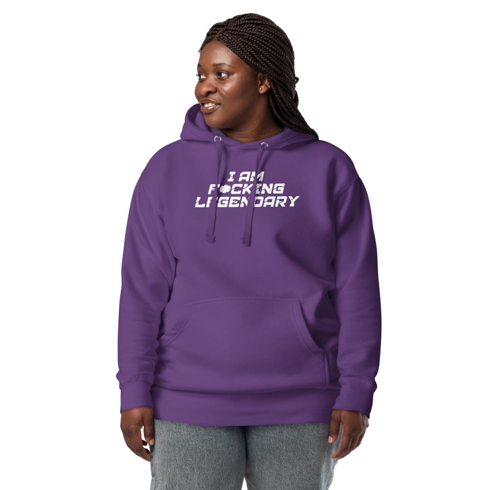 "I Am F*cking Legendary" printed on a purple unisex hoodie worn by a female