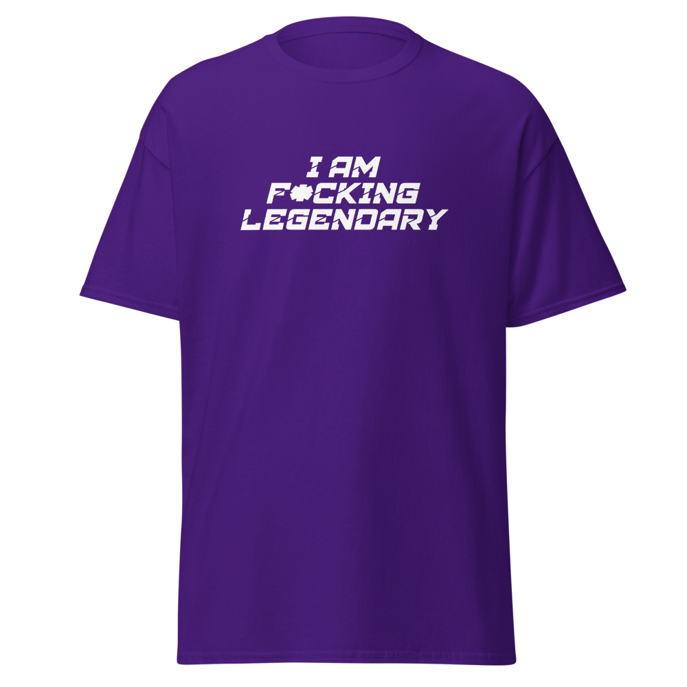 "I Am F*cking Legendary" printed on a purple on an invisible body