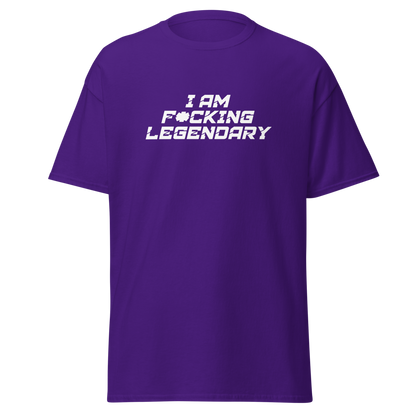 "I Am F*cking Legendary" printed on a purple on an invisible body