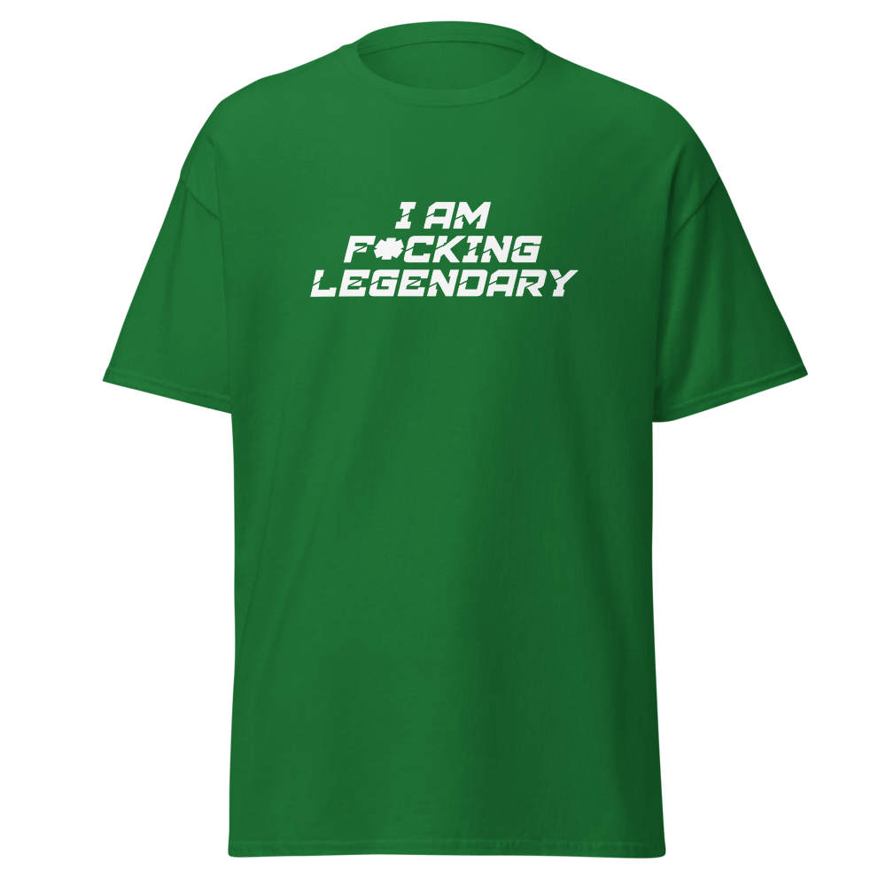 "I Am F*cking Legendary" printed on a turf green on an invisible body