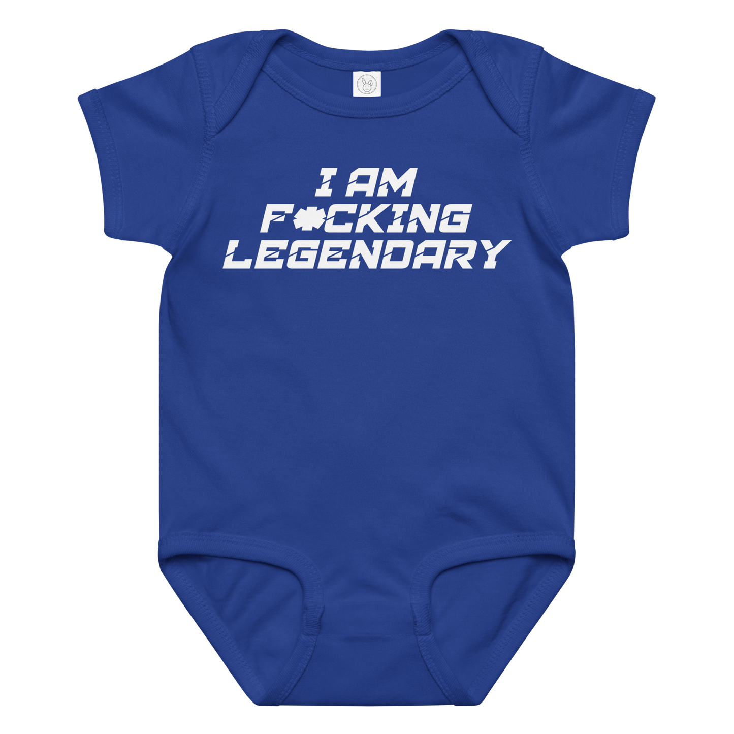 "I Am F*cking Legendary" printed on a royal baby jersey bodysuit laying on a flat surface amongst other clothes