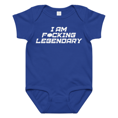 "I Am F*cking Legendary" printed on a royal baby jersey bodysuit laying on a flat surface amongst other clothes