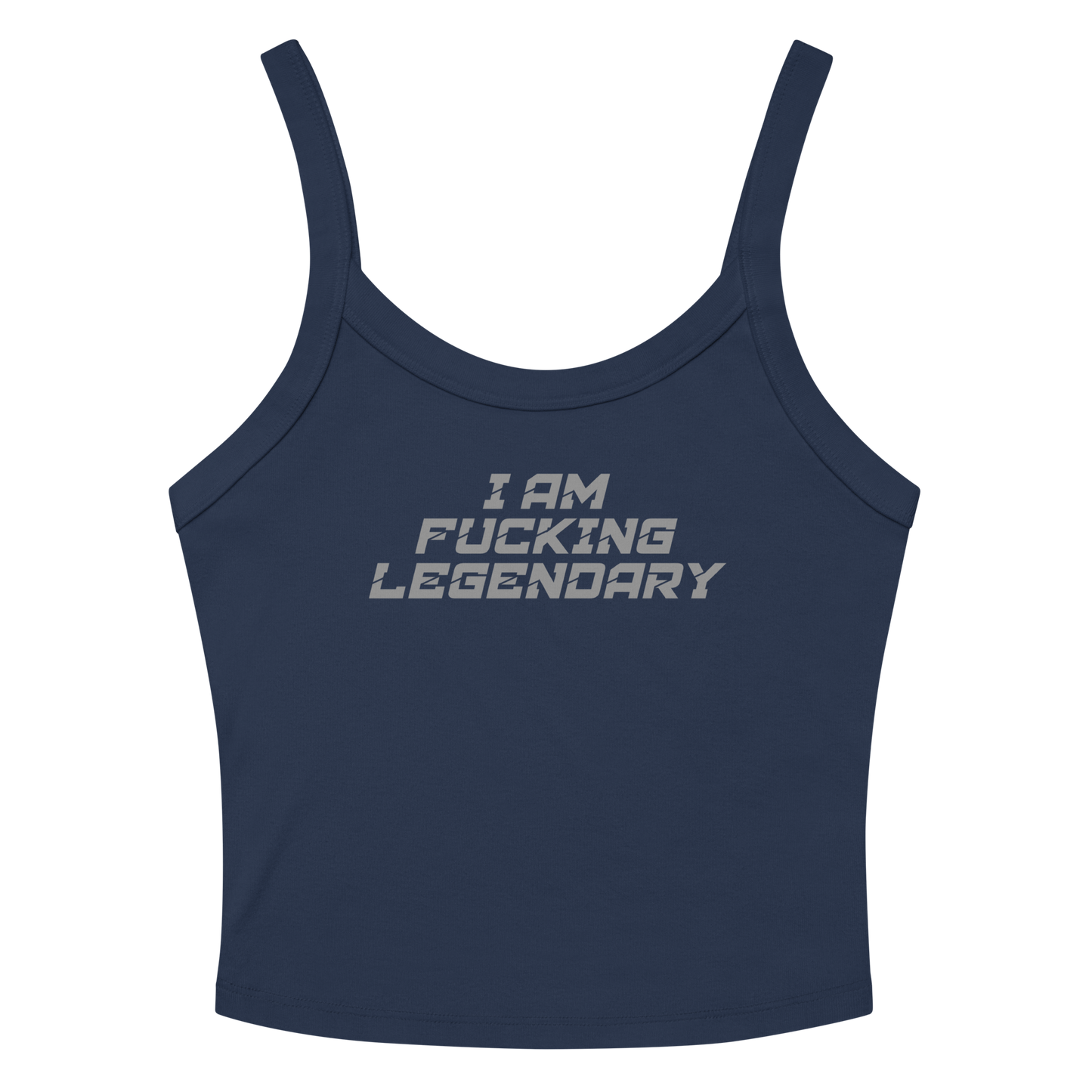 "I Am Fucking Legendary" printed on a solid navy blend women's micro-rib tanktop laying on a flat surface amongst sunglasses and shorts