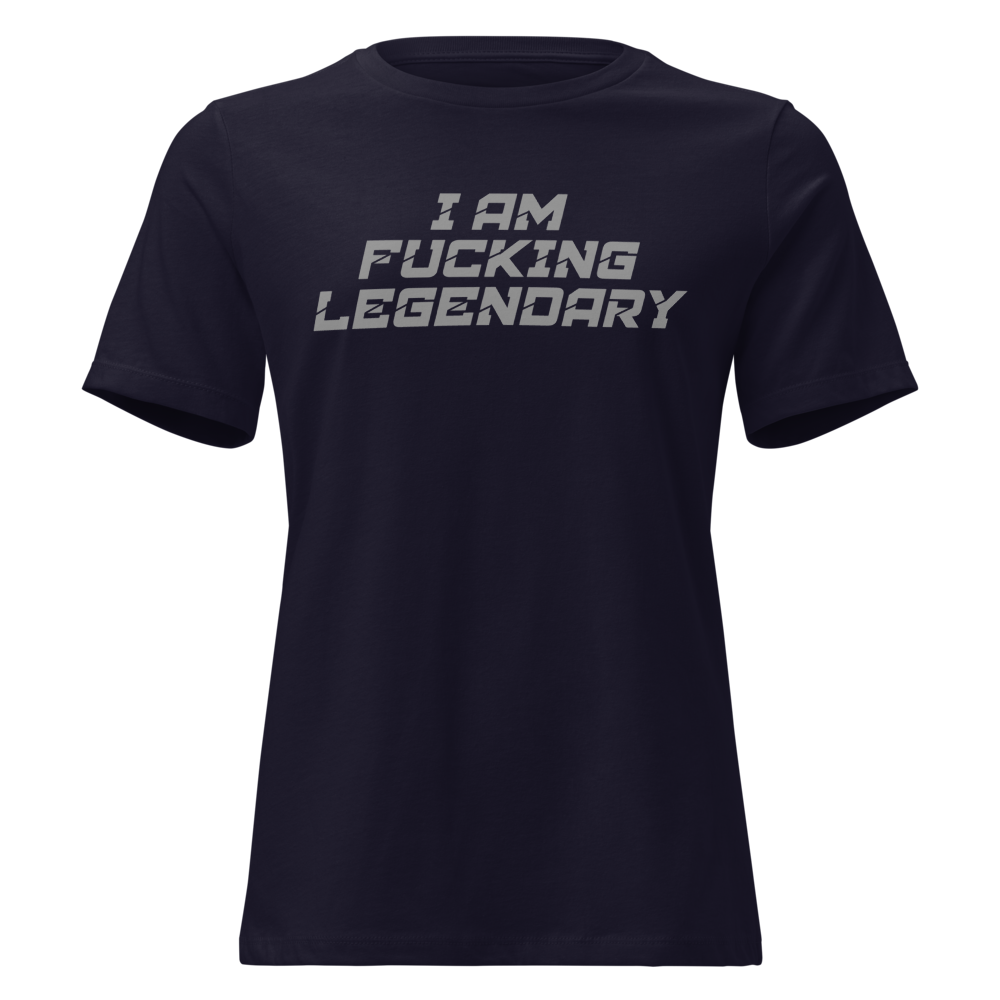 "I Am Fucking Legendary" printed on a navy on an invisible / simulated body