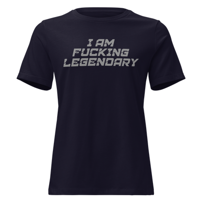 "I Am Fucking Legendary" printed on a navy on an invisible / simulated body