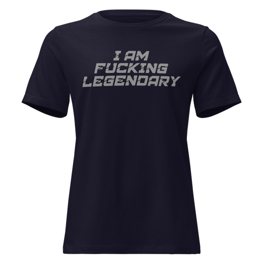 "I Am Fucking Legendary" printed on a navy on an invisible / simulated body