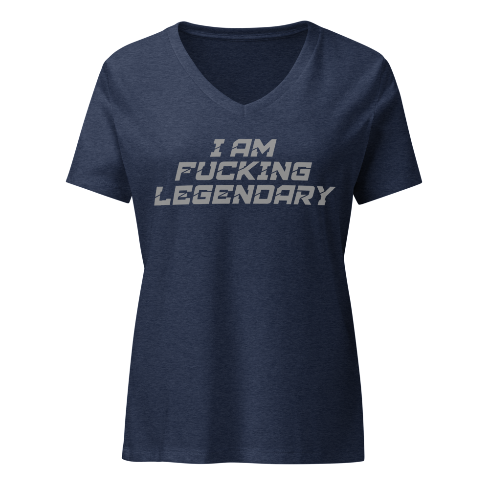 "I Am Fucking Legendary" printed on a heather navy on an invisible / simulated body