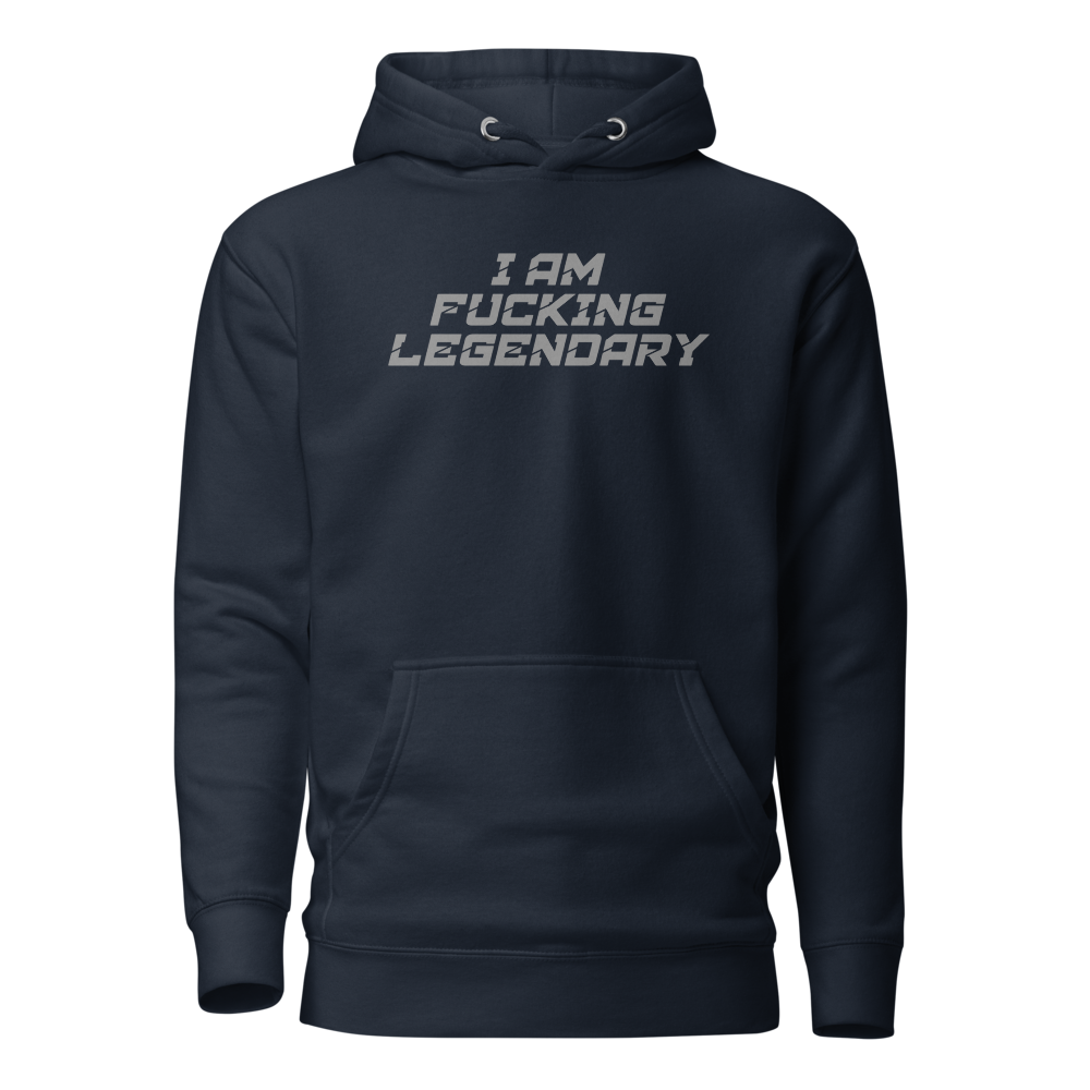 "I Am Fucking Legendary" printed on a navy blazer on an invisible / simulated body
