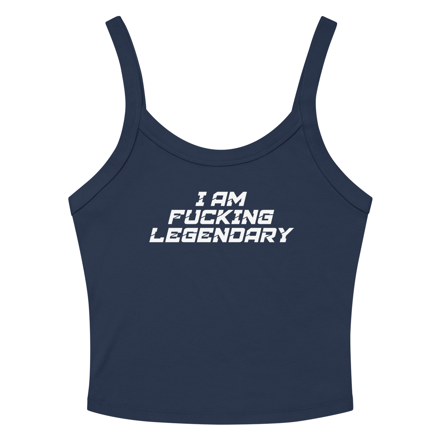 "I Am Fucking Legendary" printed on a solid navy blend women's micro-rib tanktop laying on a flat surface amongst sunglasses and shorts