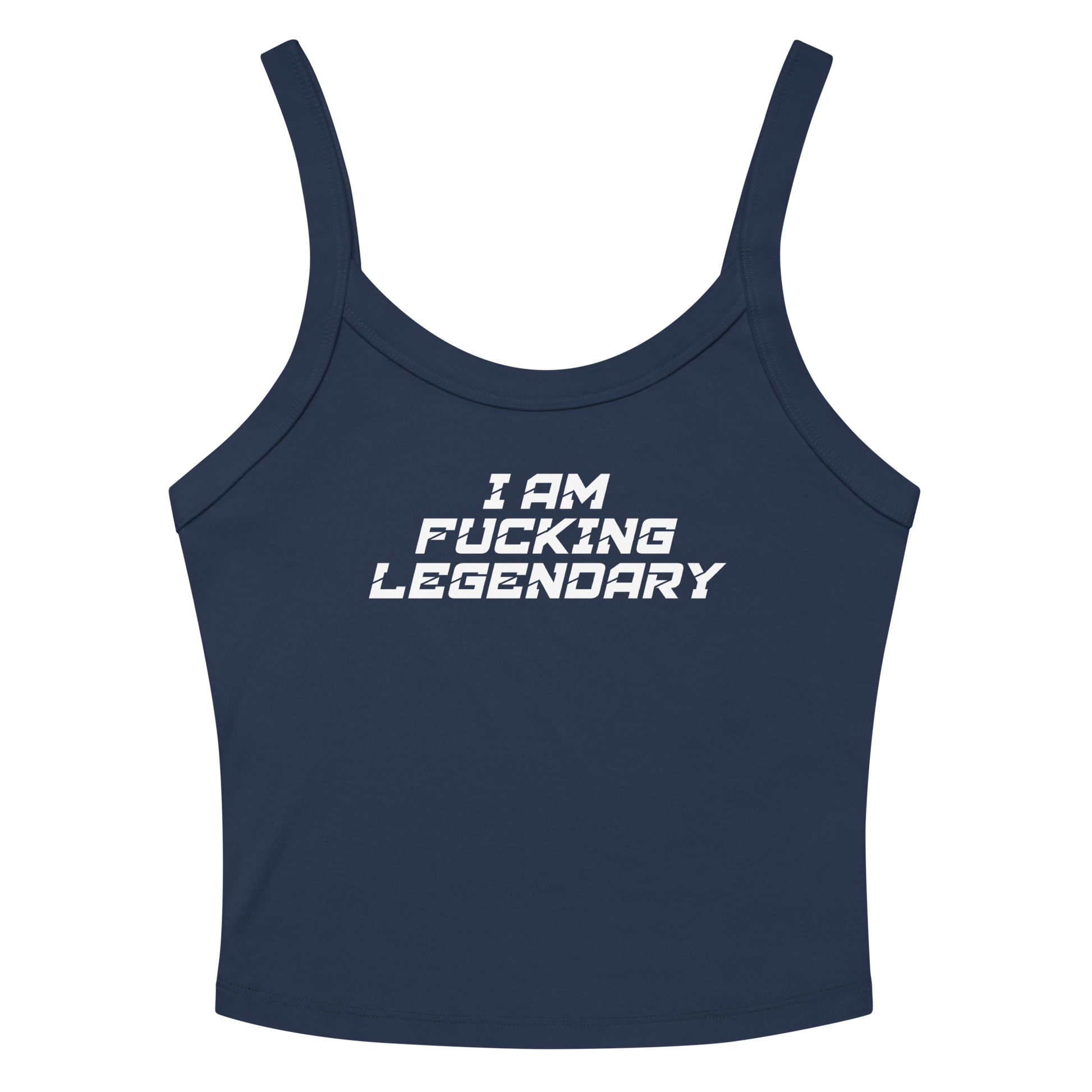 "I Am Fucking Legendary" printed on a solid navy blend women's micro-rib tanktop laying on a flat surface amongst sunglasses and shorts
